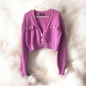 Cider Magenta Fuzzy Cardigan with Gold Accents